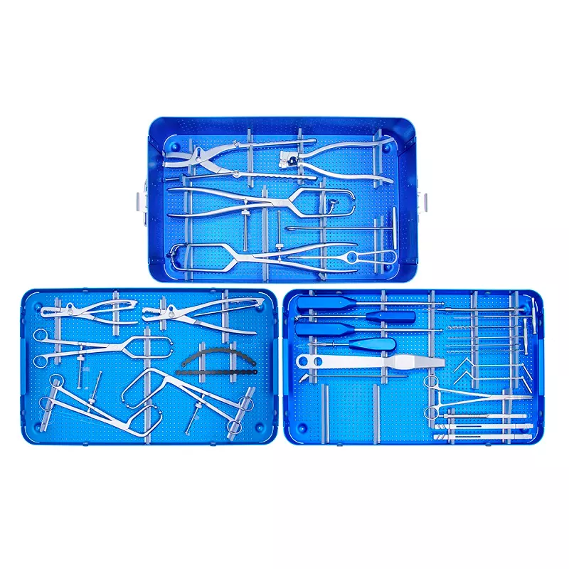 Pelvic reconstruction plate orthopedic instrument set in sterilization tray